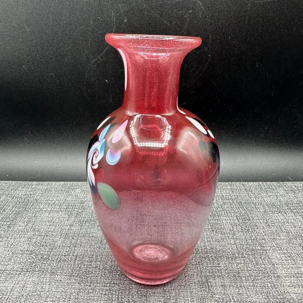 Hand Blown Pink Art Glass Vase Confetti Murano Style 7.5”